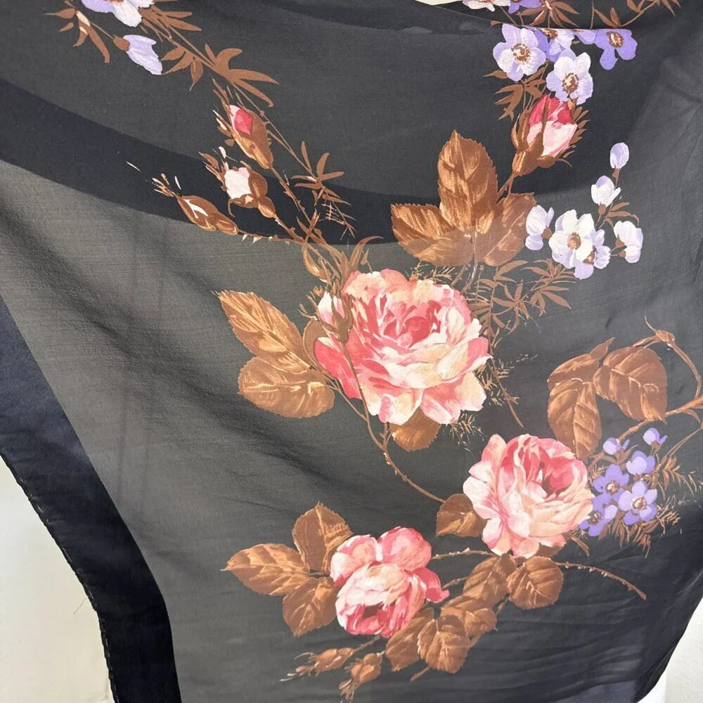 Vintage Silk Scarf Black Floral 34
